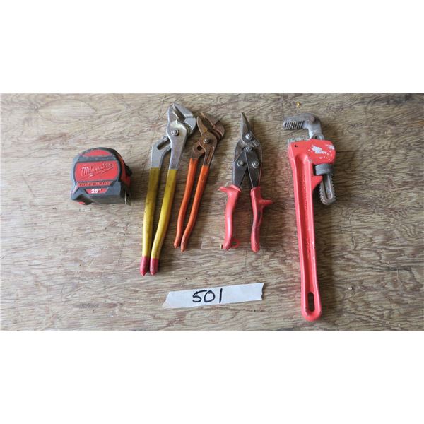 Benchmark 14"/350mm Pipe Wrench, 2X Wrenches, Tin Snips, Milwaukee 25' Measure Tape,