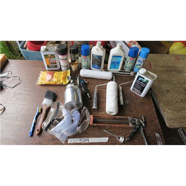 Paint Tools and Supplies- Spray Cans X5, HPLV Spray Gun, Rollers X2, Sleeves, Gloves, Thinner X4, Ca