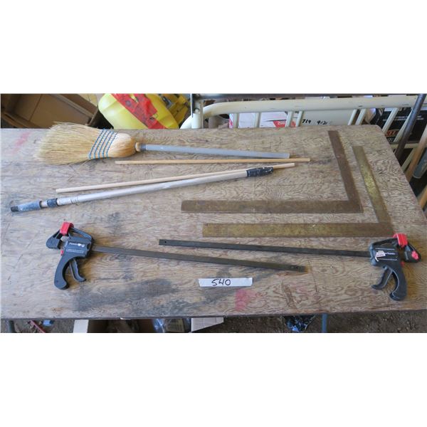 Measuring Squares X2, 24  Ratchet Clamps X2, Dowling X2, Extension Pole and Broom