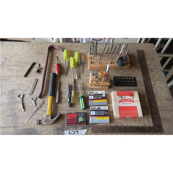 Misc. Tools, Screwdrivers, Square, Staples, Grinding Wheels, Hammer, Prybar and Others