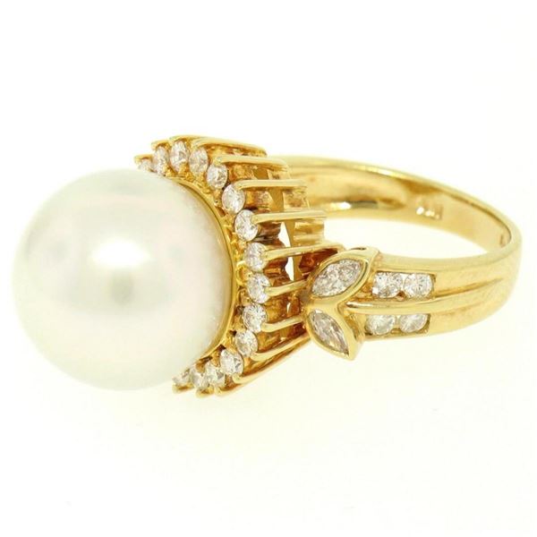 18K Yellow Gold  13.3mm South Sea Pearl Ring w/ Marquise & Round Diamonds