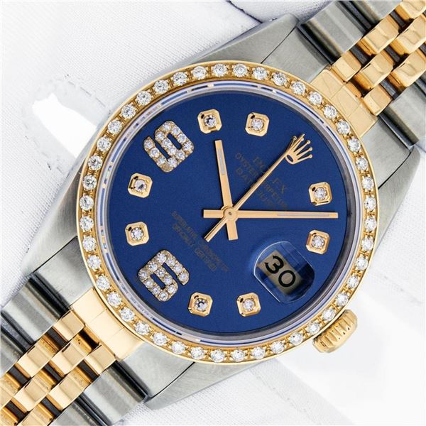 Rolex Mens 2 Tone Blue Diamond 36MM Datejust Wristwatch With Rolex Box