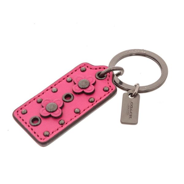 Coach Pink Leather Floral Studded Tag Keychain