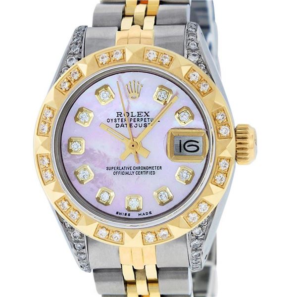 Rolex Ladies 2 Tone Pink MOP Diamond Lugs & Pyramid Datejust Wriswatch