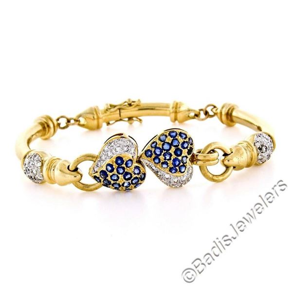 18kt Yellow Gold 1.58 ctw Diamond and Sapphire Dual Heart Curved Tube Link Brace