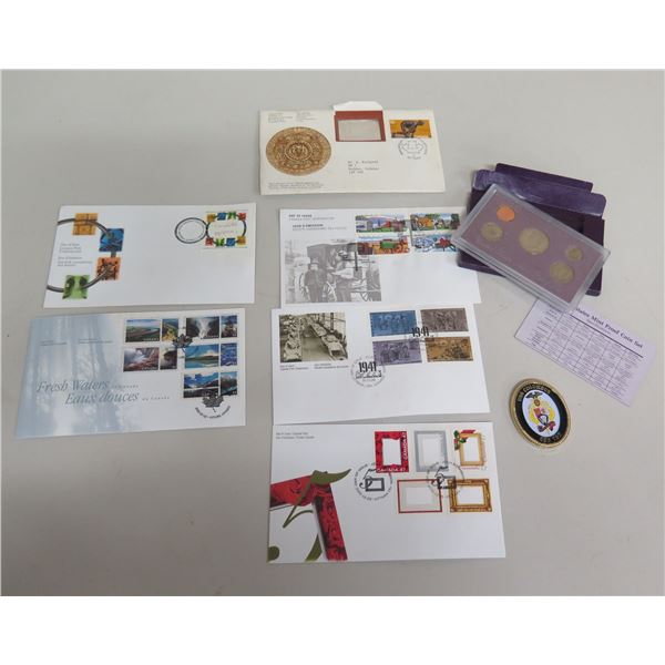 USA Mint Proof Coin Set, Collectible Canada Stamps, Day of Issue Stamps, etc
