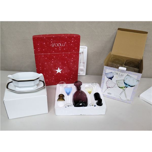 Christopher Stuart Serving Dish, Macy's Decanter w/ Glasses & Glitter Goblets