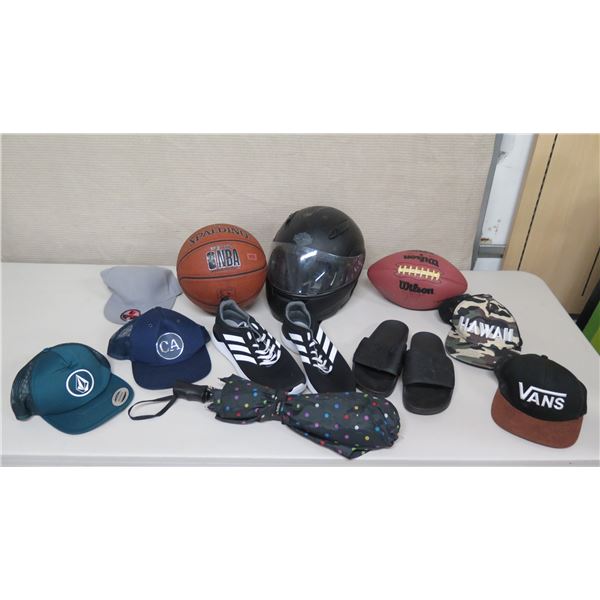 Sports Assortment: Ball Caps, Footballs, Basketballs, Helmet, Shoes, etc