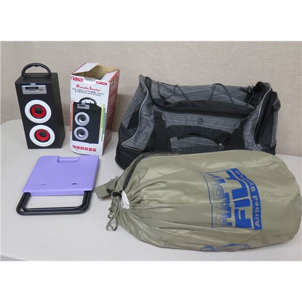Qty 2 Naxa Portable Speakers, Rapid Fill Airbed System, Duffle Bag, etc
