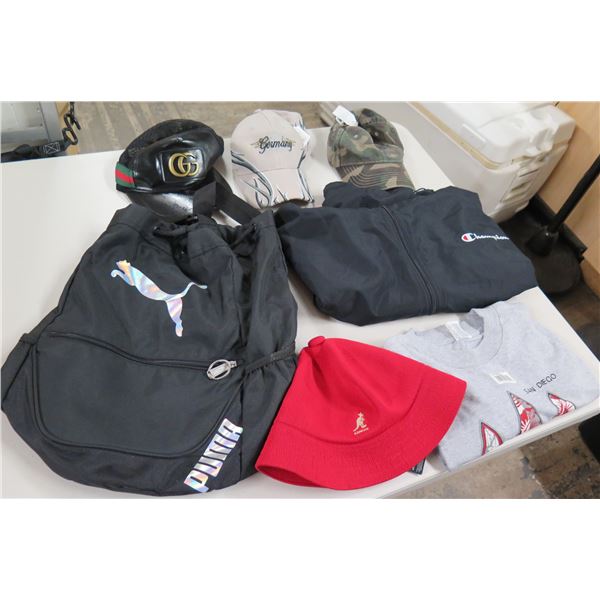 Puma Duffle Bag, Champion Sweatshirt, San Diego T-Shirts, 4 Hats