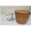 Image 1 : Asian Tea Pot w/ Dragon Design & Lid w/ Maker's Mark & Woven Basket