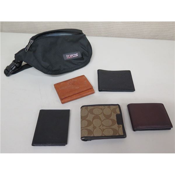Qty 5 Wallets: Designer Logo, Black Leather, etc & Trans Fanny Pack Bag