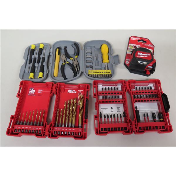 Qty 2 Red Helix Drill Bit Sets, Screwdriver Set & Milwaukee 16' Magnetic Tape