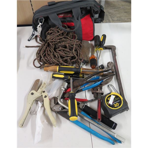 Misc Tools: Screwdrivers, Stanley 30' Magnetic Tape, Rope, etc in Soft Case