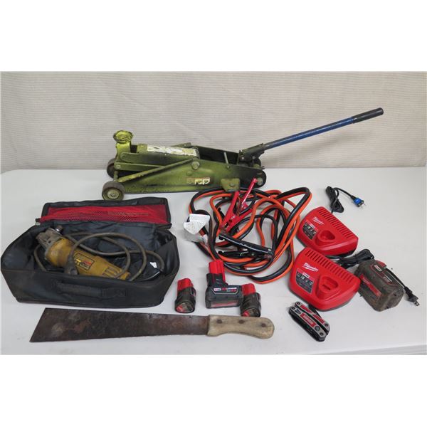 Car Battery Jumper Cables, Floor Jack, 2 Milwaukee M12 Chargers, Knives, etc