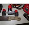 Image 3 : Car Battery Jumper Cables, Floor Jack, 2 Milwaukee M12 Chargers, Knives, etc