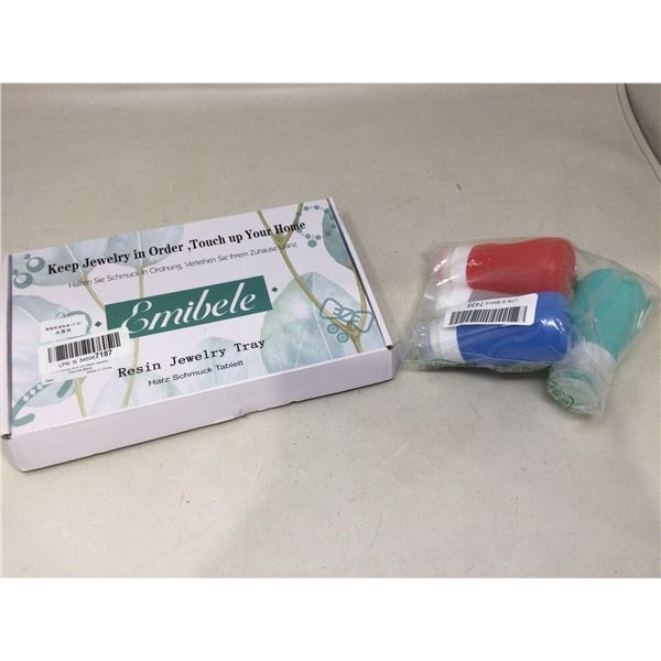 Emibele Resin Jewelry Tray with a lot of 4 soap/shampoo dispensers