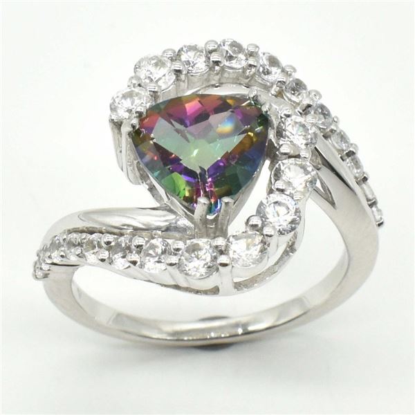 Silver Mystic Topaz Cz(2.9ct) Rhodium Plated Ring (~weight 5.98g)