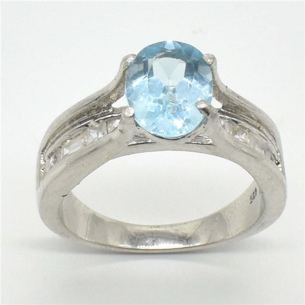 Silver Blue Topaz Cz(1.95ct) Rhodium Plated Ring (~weight 5.1g)