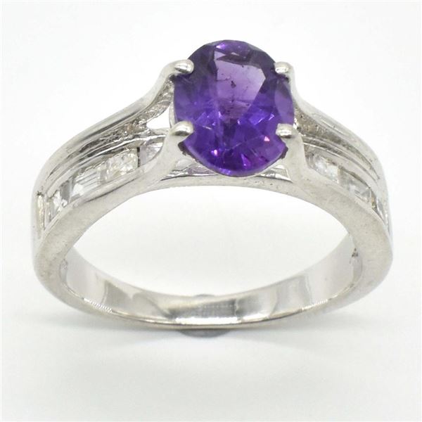 Silver Amethyst Cz(1.8ct) Rhodium Plated Ring (~weight 4.9g)