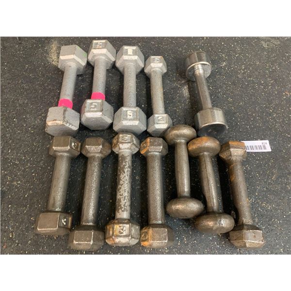 Lot of 12 assorted size iron dumbbells