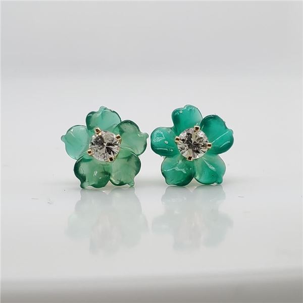 14K Yellow Gold Diamond(0.17Ct,Si2-I1,G-H) Green Agates Earrings (~weight 0.6g), Made in Canada, App