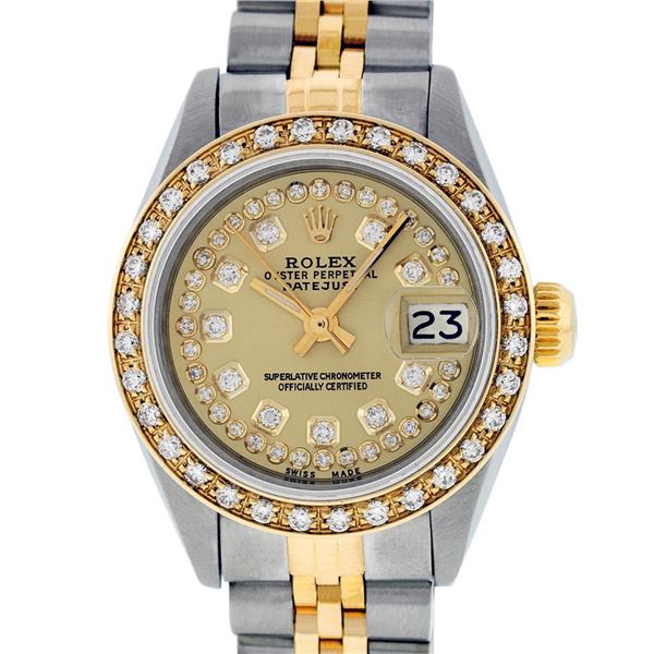 Rolex Ladies Two Tone Steel & Gold Champagne String Diamond Datejust Wristwatch