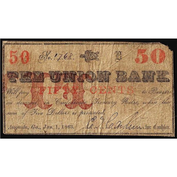 1863 Fifty Cents The Union Bank Augusta, GA Obsolete Banknote