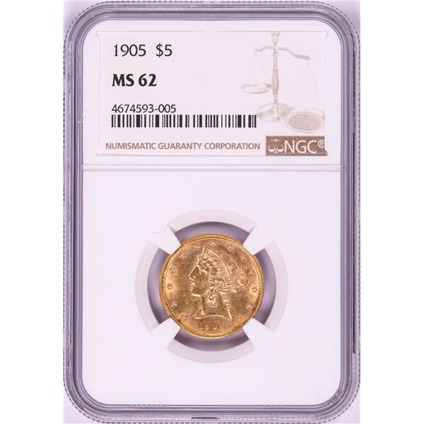 1905 $5 Liberty Head Half Eagle Gold Coin NGC MS62