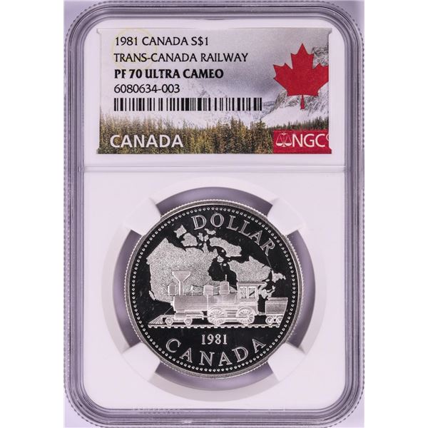 1981 $1 Proof Trans-Canada Railway Silver Dollar Coin NGC PF 70 Ultra Cameo