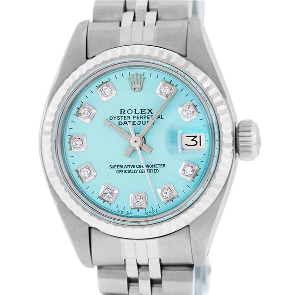 Rolex Ladies Stainless Steel Ice Blue Diamond Datejust Wristwatch Serviced