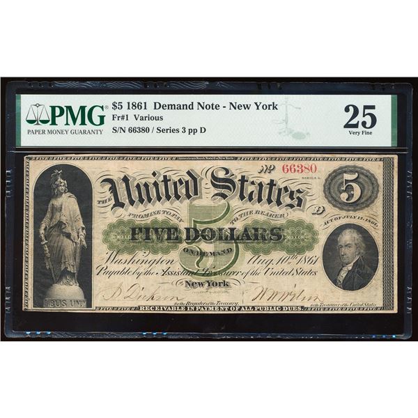 1861 $5 Demand Note New York Fr.1 PMG Very Fine 25