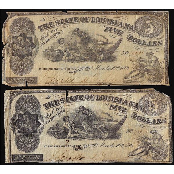 Lot of (2) 1863 $5 The State of Louisiana Baton Rouge, LA Obsolete Banknotes