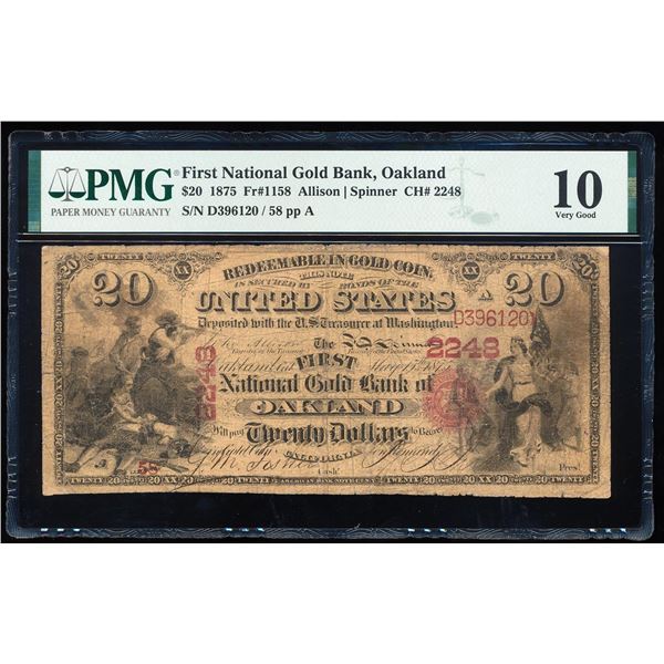 1875 $20 First National Gold Bank Oakland, CA CH# 2248 National Note PMG Very Good 10