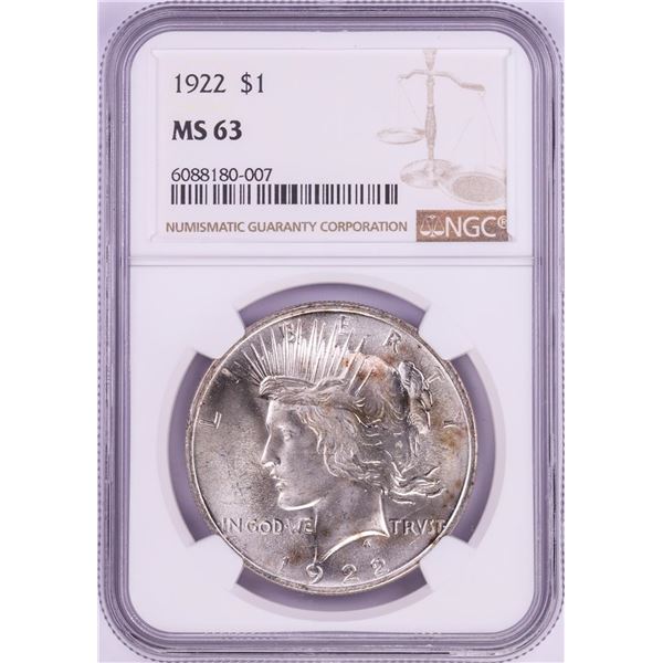 1922 $1 Peace Silver Dollar Coin NGC MS63