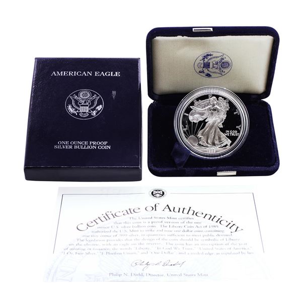 1999 $1 Proof American Silver Eagle with Box & COA