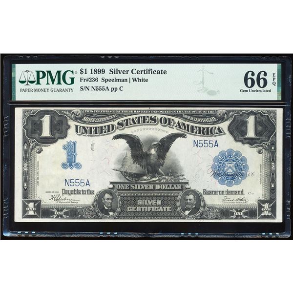 Fancy Serial 1899 $1 Black Eagle Silver Certificate Note PMG Gem Uncirculated 66EPQ