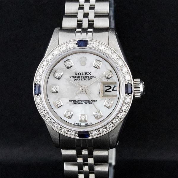 Rolex Ladies Stainless Steel Mother Of Pearl Diamond & Sapphire Datejust Wristwatch