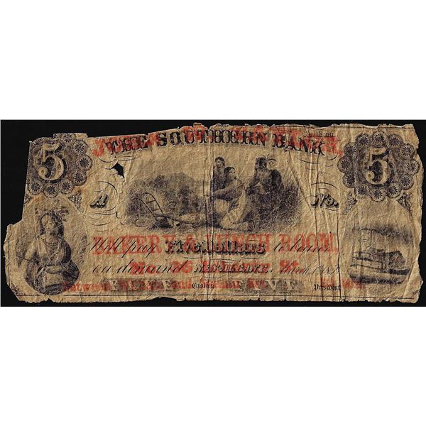 1859 $5 Southern Bank New York with Bakery & Lunch Overprint Obsolete Note