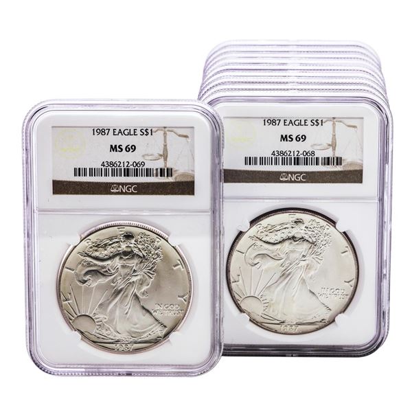 Lot of (10) 1987 $1 American Silver Eagle Coins NGC MS69