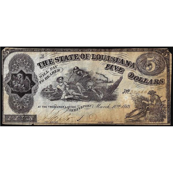 1863 $5 The State of Louisiana Baton Rouge, LA Obsolete Banknote