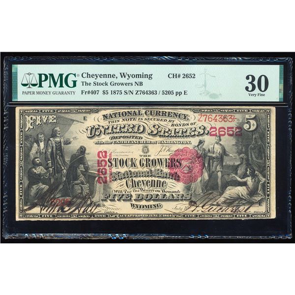 1875 $5 First Charter Cheyenne, WY CH# 2652 National Currency Note PMG Very Fine 30