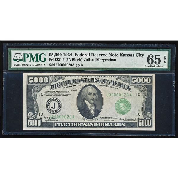 1934 $5,000 Federal Reserve Note Kansas City Fr.2221-J PMG Gem Uncirculated 65EPQ