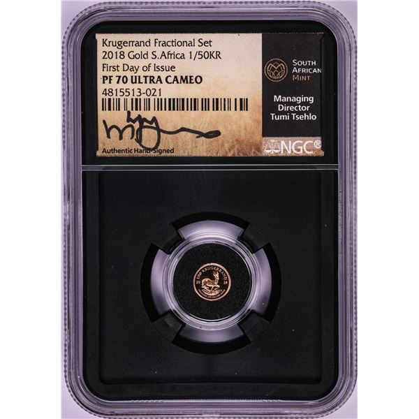 2018 South Africa Proof 1/50 Krugerrand Gold Coin NGC PF70 Ultra Cameo FDOI Signed