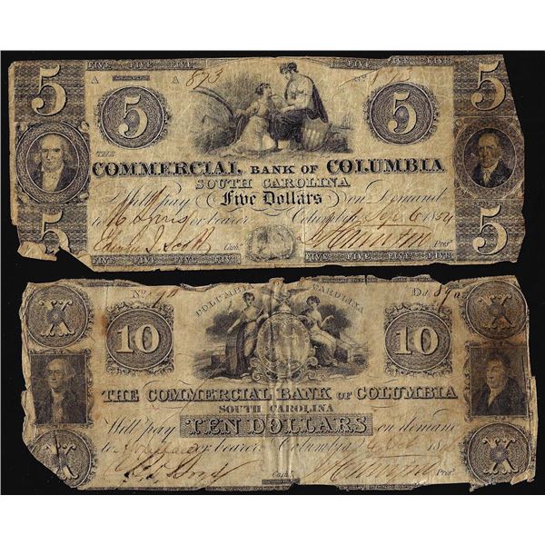 1850's $5 & $10 Commercial Bank of Columbia South Carolina Obsolete Banknote