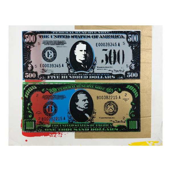 Steve Kaufman (1960-2010) "500 and 1000 Dollar Bills" Original Mixed Media on Canvas