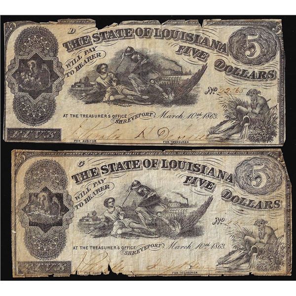 Lot of (2) 1863 $5 The State of Louisiana Baton Rouge, LA Obsolete Banknotes