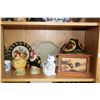 Image 1 : Shelf lot of decor items including four hand painted plates, Fitz & Floyd fruit motif spooner, chick