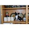 Image 2 : Shelf lot of decor items including four hand painted plates, Fitz & Floyd fruit motif spooner, chick