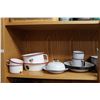 Image 1 : Shelf lot of vintage enamel ware including teapot, plates, pots, pans, cups, covered butter dish etc